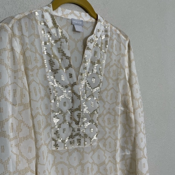 Chico’s Sheer Pritned Sequin Dotted Scales Tunic Shirt 00/0-2 - Picture 4 of 8